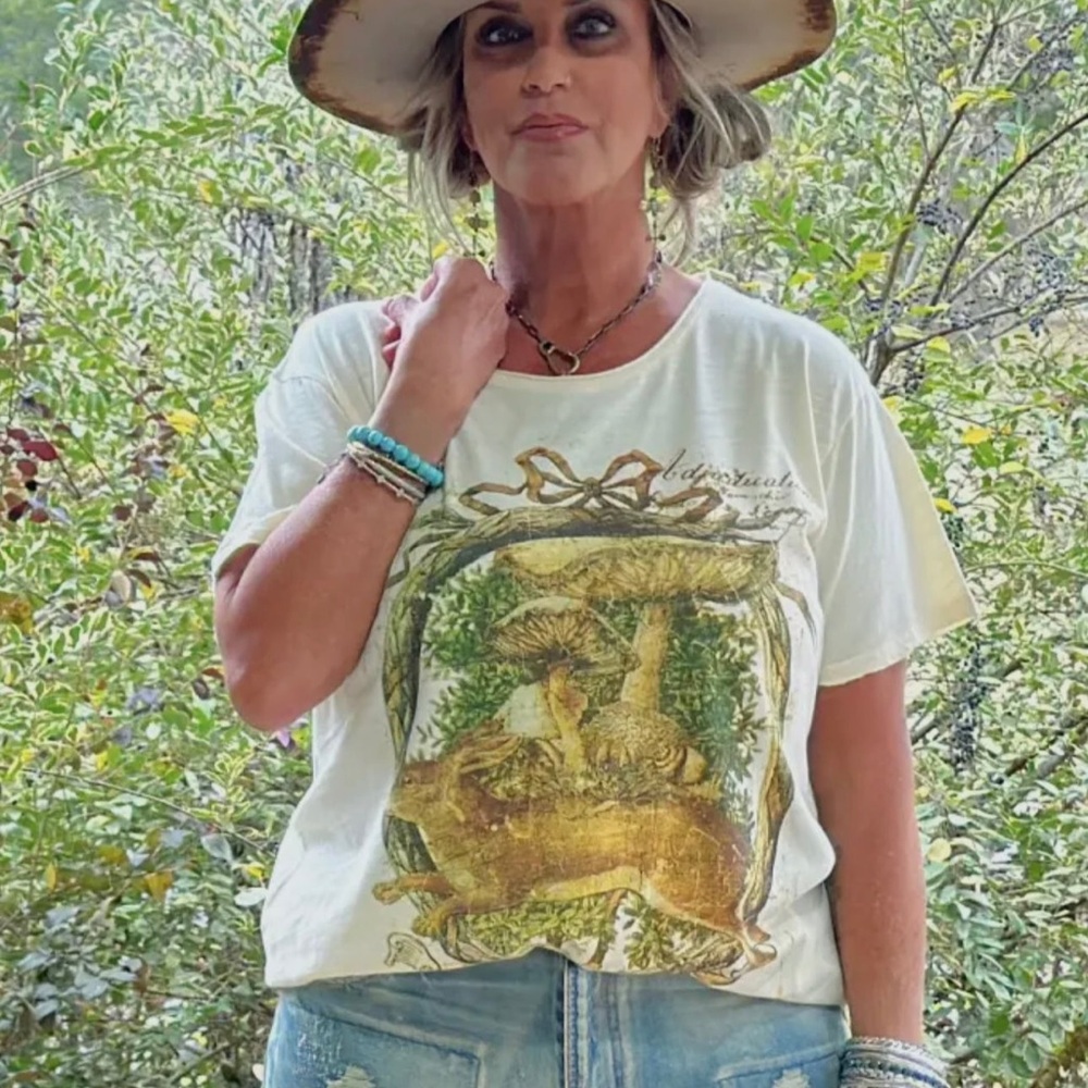 Jaded Gypsy jumping around moondance tshirt rabbit and mushroom
